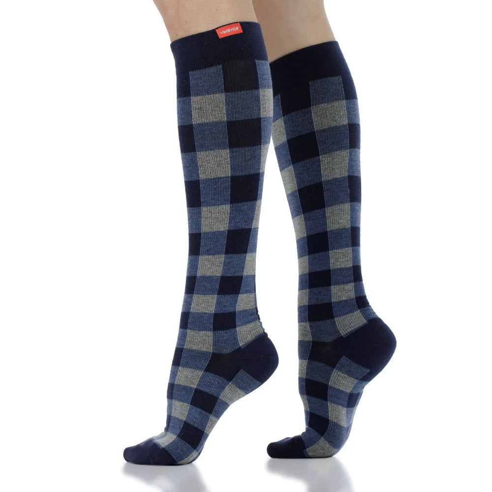 Cotton 15-20 mmHg Navy Montana Plaid Knee High Compression Socks