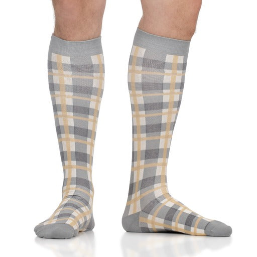 Cotton 15-20 mmHg Knee High in Cream/Grey Plaid