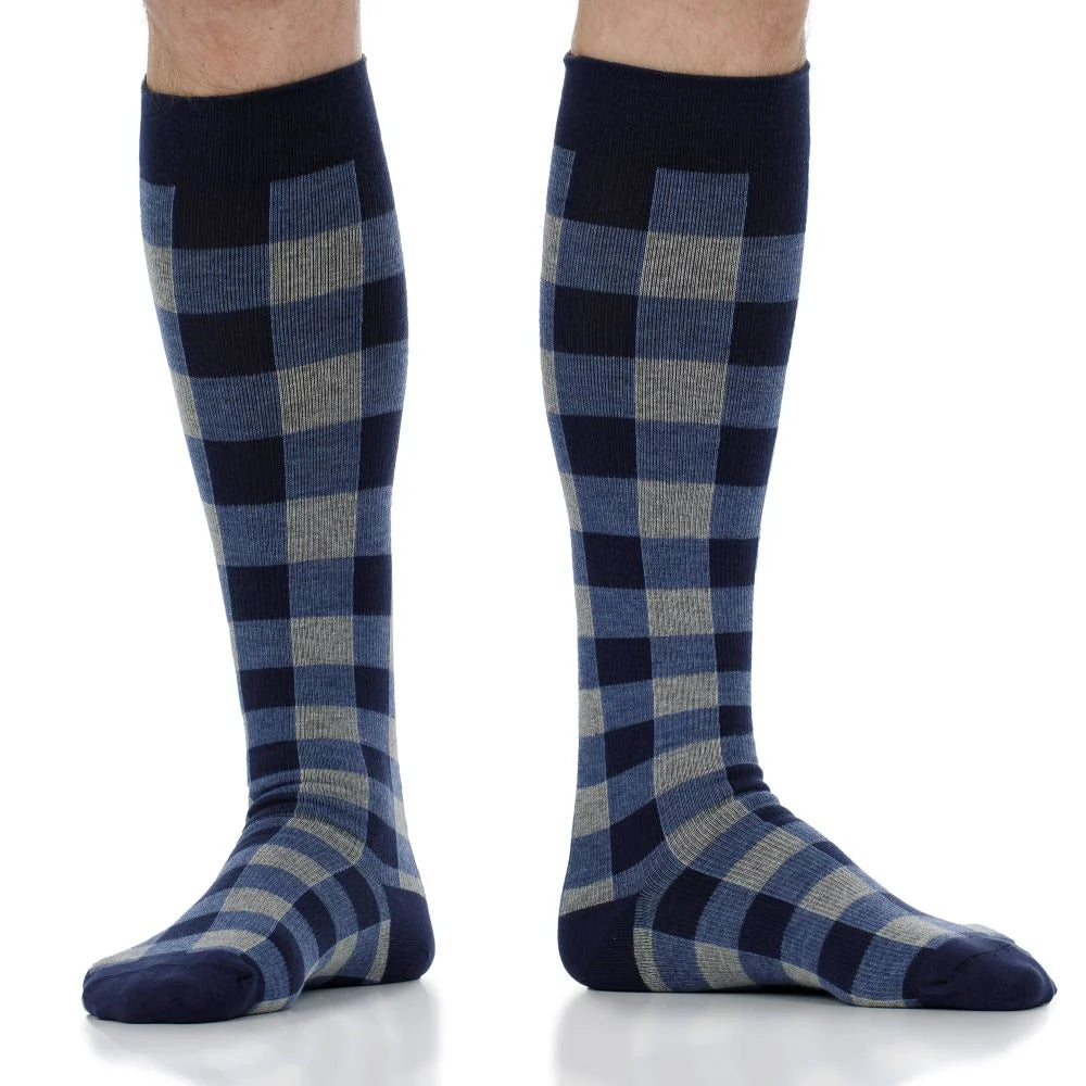 Cotton 15-20 mmHg Navy Montana Plaid Knee High Compression Socks