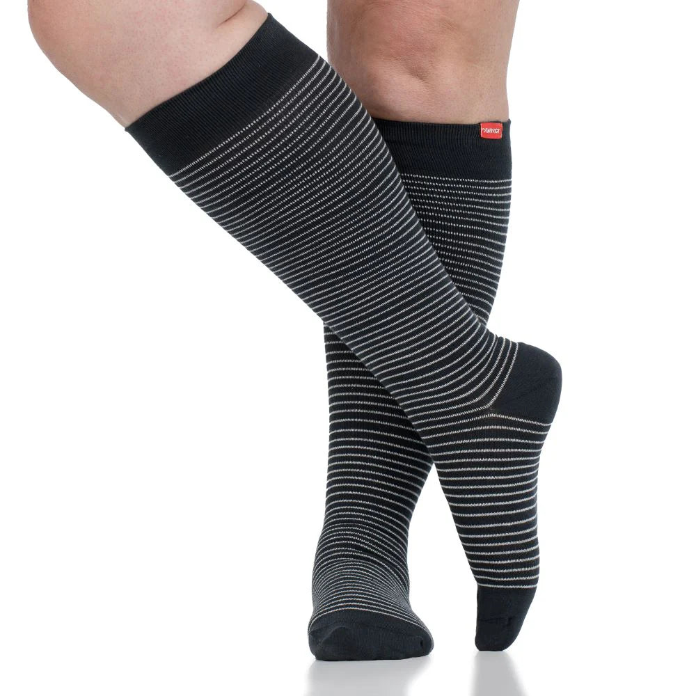 Cotton Charcoal & White Pinstripe 15-20 mmHg Knee High Compression Socks