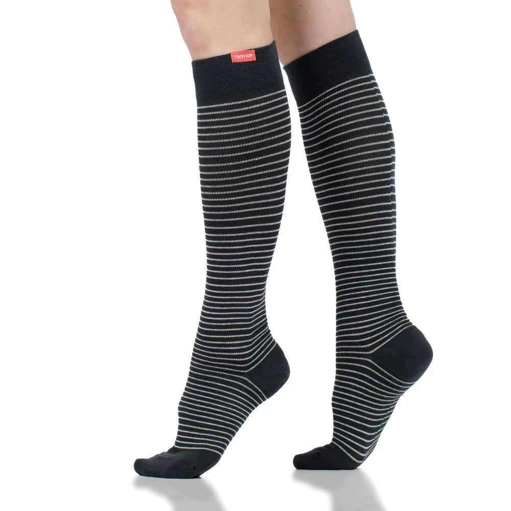 Cotton Charcoal & White Pinstripe 15-20 mmHg Knee High Compression Socks