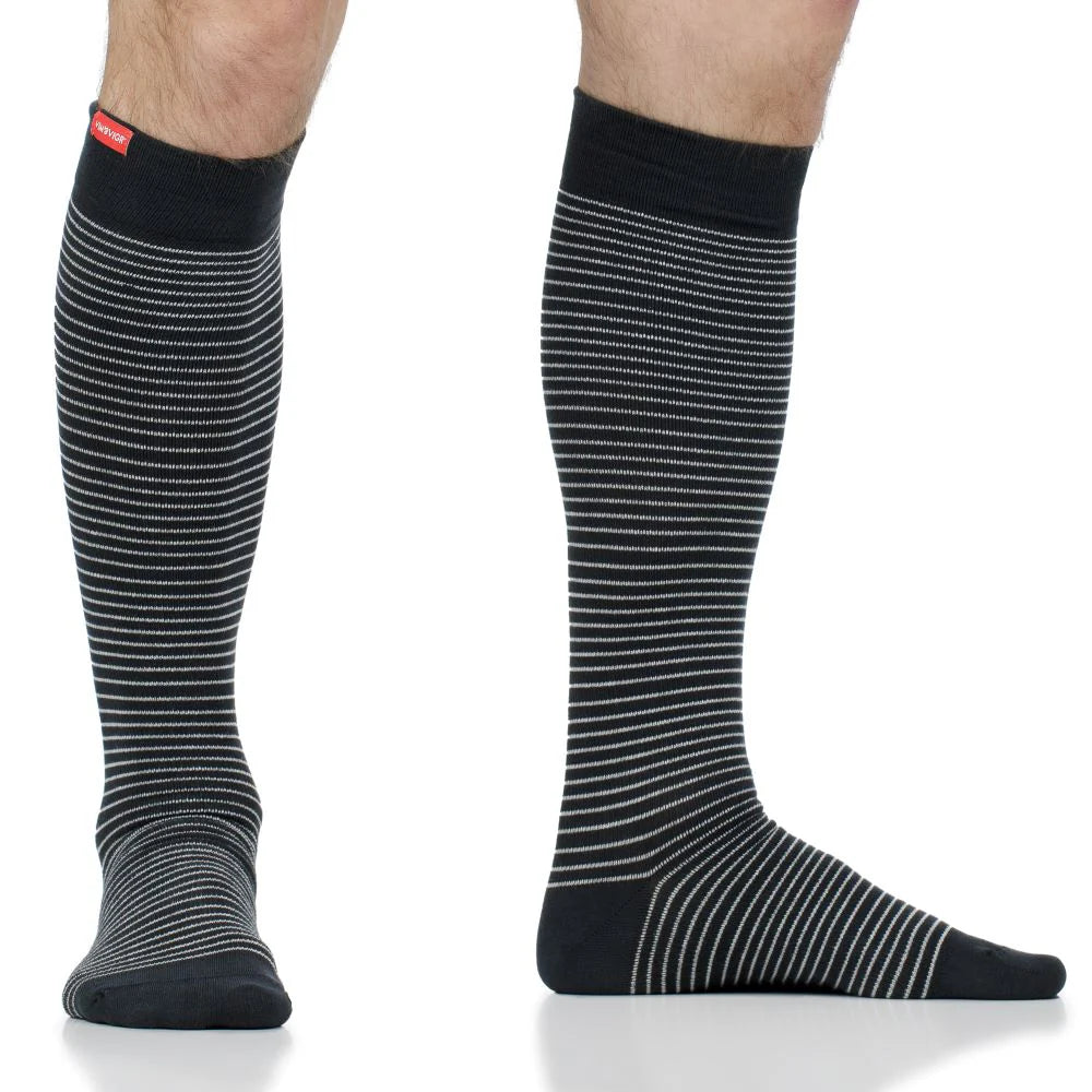 Cotton Charcoal & White Pinstripe 15-20 mmHg Knee High Compression Socks